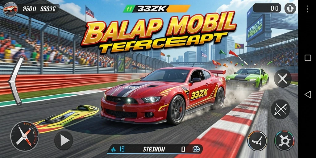Tangkapan layar utama 33ZK menampilkan aksi balap mobil yang intens.