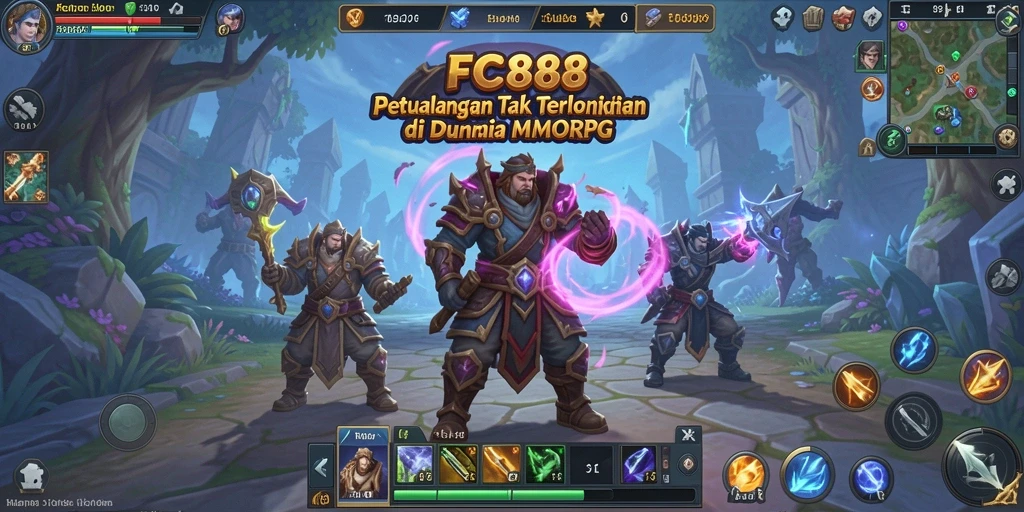 Screenshot utama FC888 menunjukkan aksi seru dalam pertempuran MMORPG.