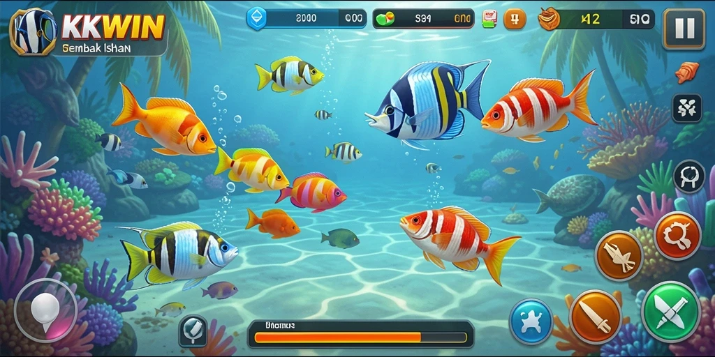 Tampilan gameplay KKWIN yang menarik dengan warna-warni ikan.