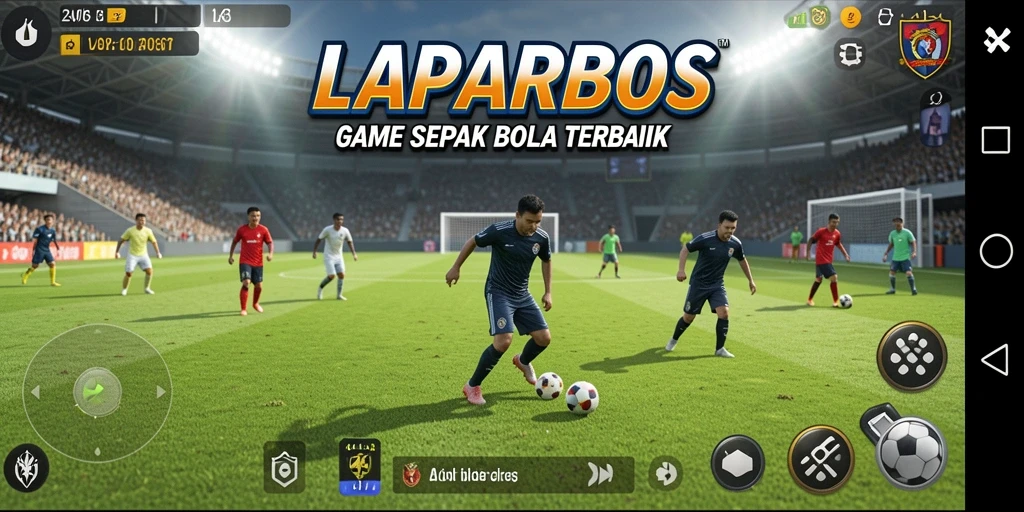 Tangkapan layar utama LAPARBOS menampilkan aksi seru di lapangan sepak bola.