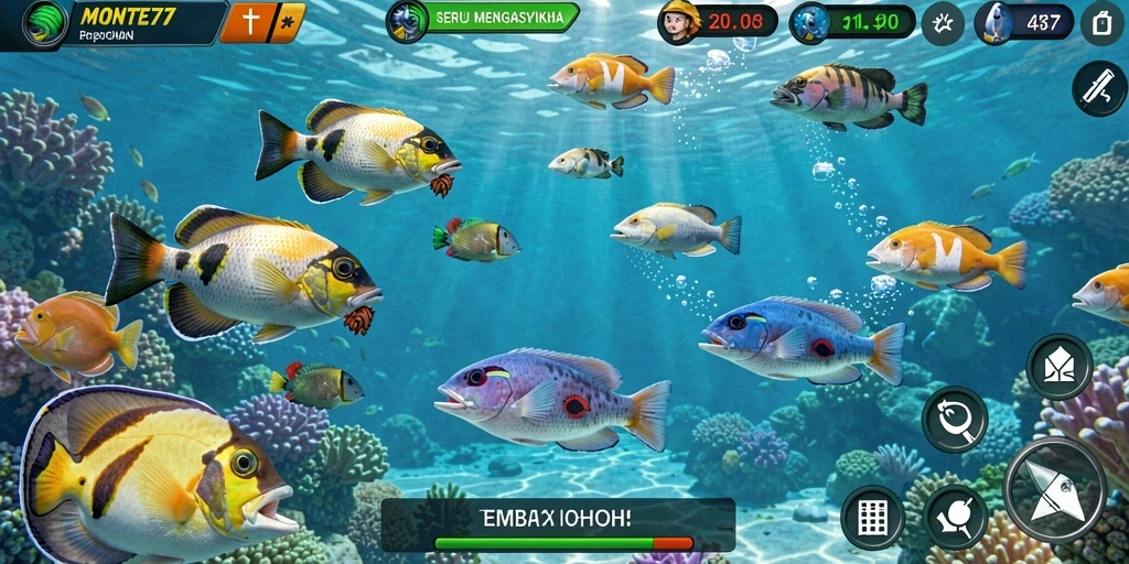 Screenshot gameplay MONTE77 menampilkan aksi menembak ikan yang seru.