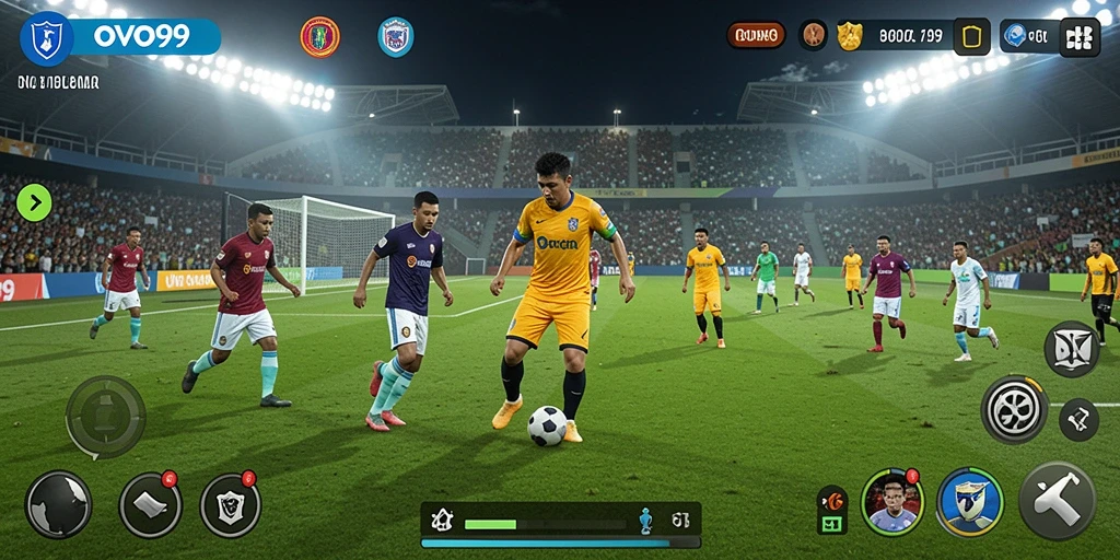Screenshot OVO99 menampilkan aksi mendebarkan di lapangan sepak bola.