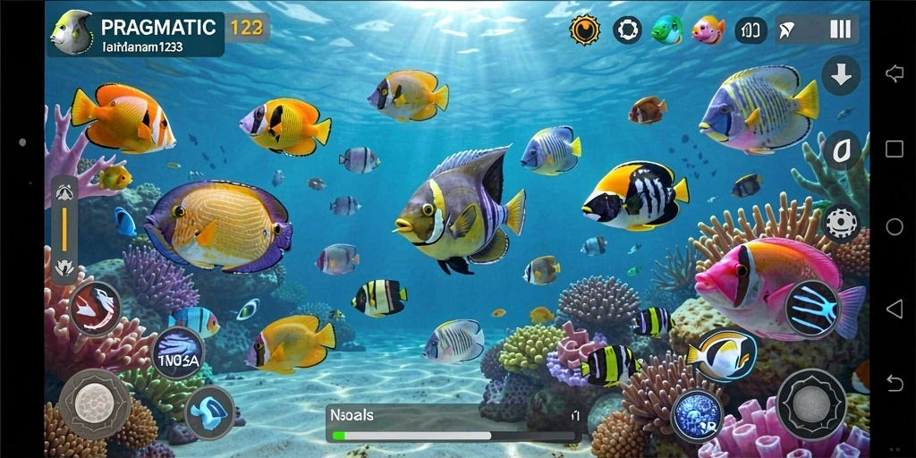 Tampilan gameplay PRAGMATIC123 saat menembak ikan dengan senjata.