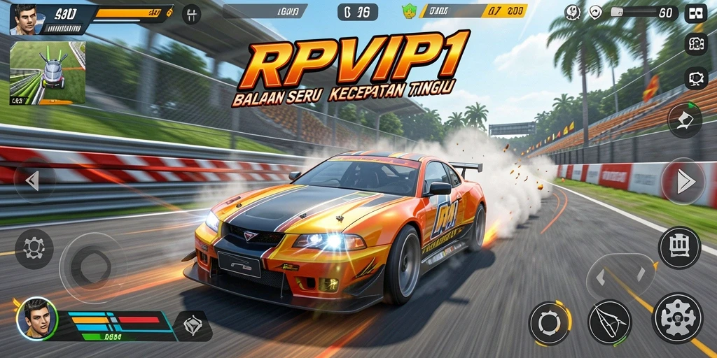 Tampilan gameplay RPVIP1 dengan mobil balap di lintasan.