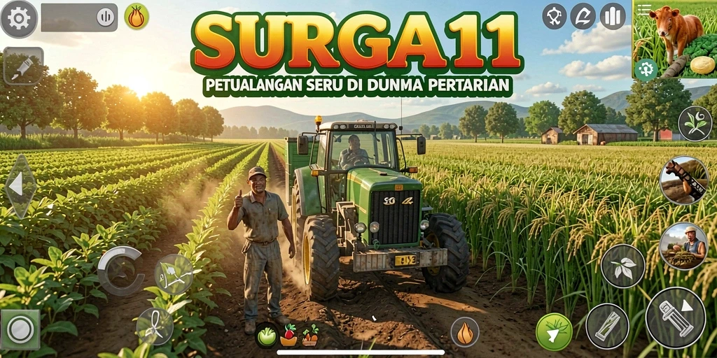 Tampilan gameplay SURGA11 yang menampilkan serunya bertani dan berinteraksi dengan karakter lainnya.