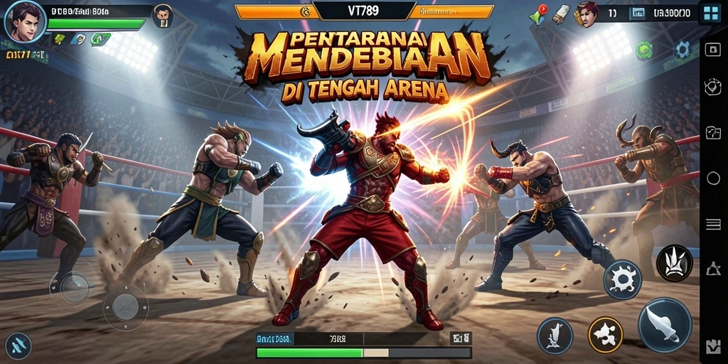 Screenshot utama VT789 menampilkan karakter bertarung dengan penuh semangat di arena pertarungan.