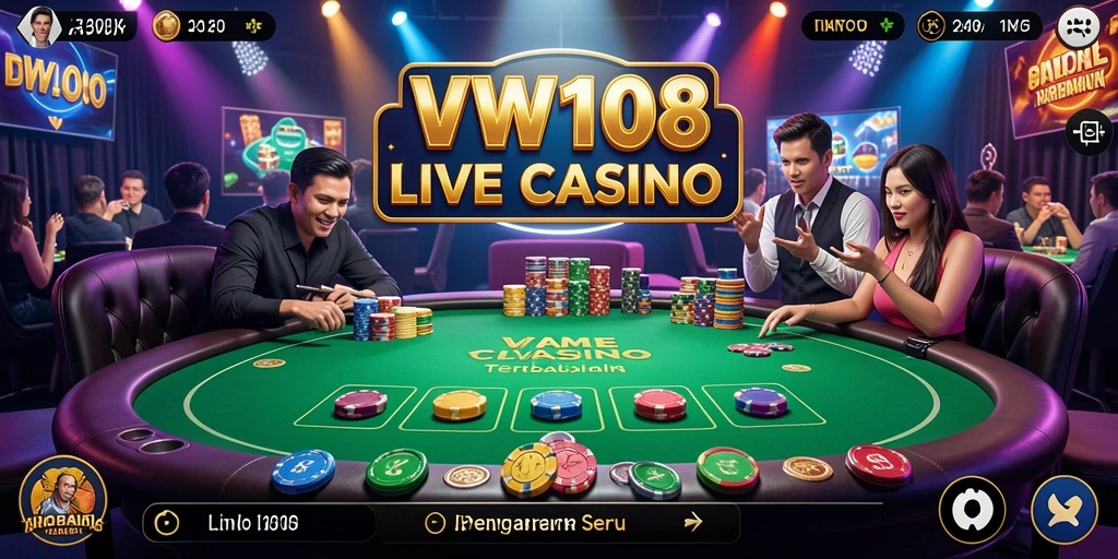 Screenshot VW108 menampilkan dealer langsung dan pemain berinteraksi dalam permainan kasino.